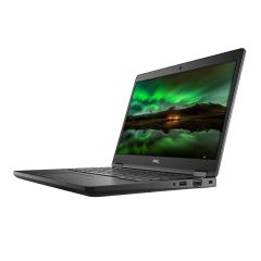 Dell Latitude 5491 laptop angled left, displaying screen, backlit keyboard, and right-side connectivity ports in black casing.