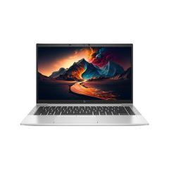 HP EliteBook 840 G8 laptop open and front-facing, showing 14-inch display, UK QWERTY backlit keyboard, and slim silver design.