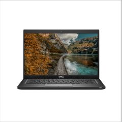 Dell Latitude 7390 laptop open and front-facing, showcasing 13.3-inch screen, UK QWERTY backlit keyboard, and compact black design.