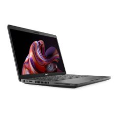 Dell Latitude 5401 angled to the right, displaying bright 14-inch screen and full-sized UK backlit keyboard.