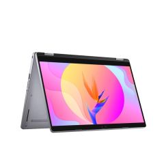 Dell Latitude 5310 2-in-1 laptop flipped and standing on the top edge of the screen and bottom of the keyboard, tilted right, showing display and partial back.