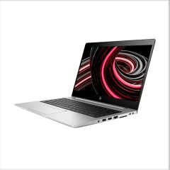 HP EliteBook 840 G6 laptop open and tilted to the left, displaying its 14-inch screen and sleek silver design