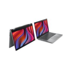 Dell Latitude 5330 2-in-1 convertible laptop shown in tablet mode standing on keyboard edge alongside side profile view displaying touchscreen, keyboard and slim design