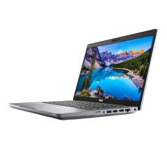 Dell Latitude 5411 laptop tilted to the left, showing side ports, 14-inch screen, and UK QWERTY backlit keyboard in silver finish.