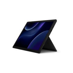 Microsoft Surface Pro 7 tablet tilted left on stand showing right-side ports and slim black body